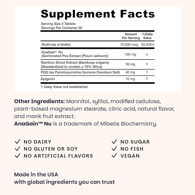 EZ Melts Hair Health Complete - Hair Supplement to Support Strength & Growth - Includes AnaGain Nu, Biotin, Apigenin, Bambo Silica & More - 120 Sublingual Tablets (60 Servings)