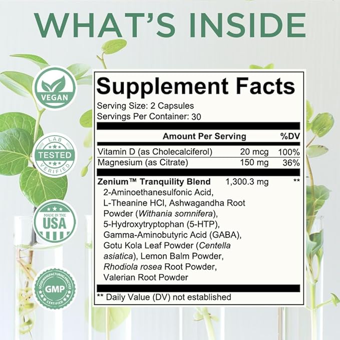 Zenium - Relieve Stress, Tension, Worry, Nervousness, & Irritability | Calm The Mind & Body | Ayurvedic | Natural Relief Supplement | Boosts Mood | Ashwagandha, L-Theanine, GABA, Rhodiola |60 Capsules