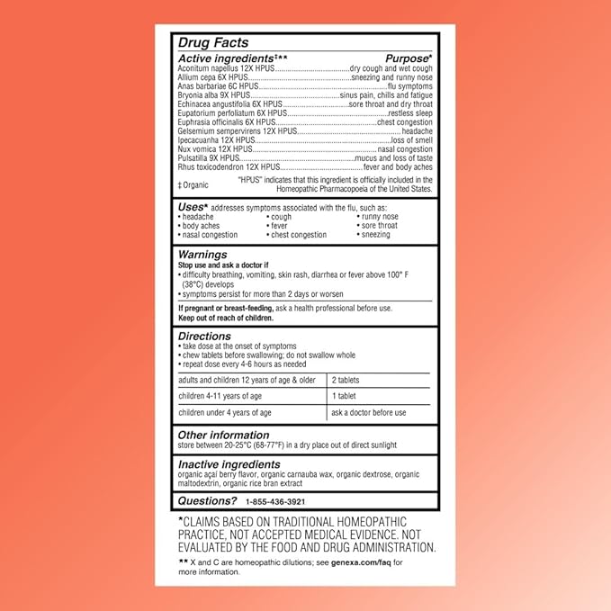 Genexa Flu Fix | Multi-Symptom Flu Remedy for Kids & Adults | Delicious Organic Acai Berry Flavor | Certified Organic & Non-GMO | Homeopathic Remedy Made Clean | 180 Chewable Tablets (3 Pack)