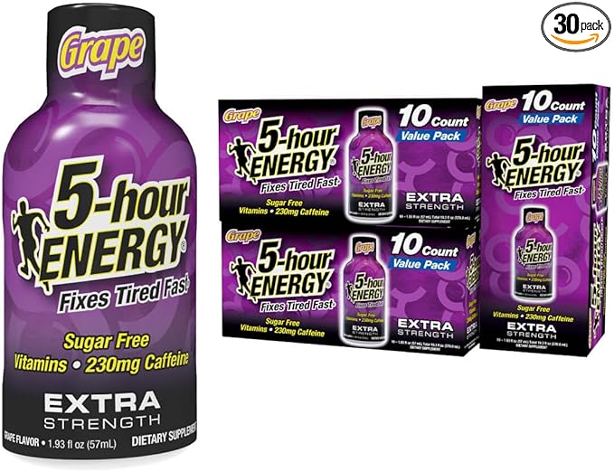 5-hour ENERGY Extra Strength Energy Shot, Grape Flavor, 30 Count, 1.93 oz., Zero Calories & Sugar-Free 230 mg Caffeinated Energy Shot, Amino Acids & B Vitamins, Dietary Supplements