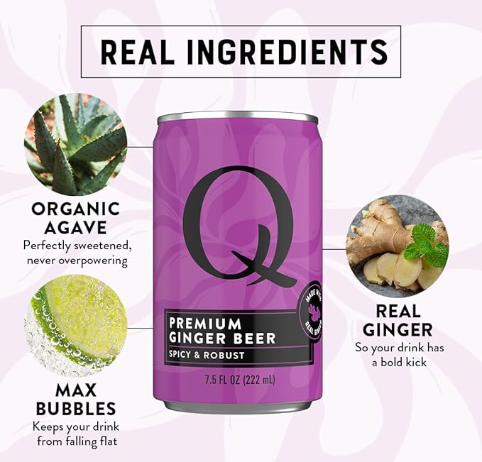 Q GINGER BEER with Real Ginger & Organic Agave - Ideal for Cocktails & Mocktails - Made with Real Ingredients, Perfectly Carbonated & Less Sweet - 80 Calories per Can - 7.5 Fl Oz Cans (Pack of 24)