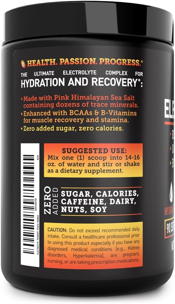 Zeal Electrolyte Powder - 90 Servings | Keto Electrolytes Powder | Zero Sugar, BCAAs, B-Vitamins | Potassium, Zinc, Magnesium | Hydration Powder Recovery Drink | Peach Mango