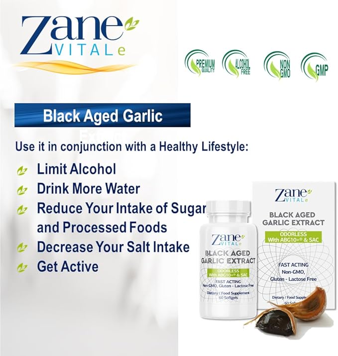 Zane - Aged Black Garlic Capsules - Immune System, Blood Pressure and Cholesterol Health Support - Less Odor - More Effective Than Allicin - 60 Capsules Non-GMO, Gluten - Lactose – Paraben Free.