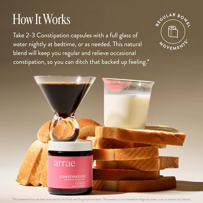 Arrae Constipation Relief Capsules – Gentle, Natural Bowel Support – Clinically Proven for Regularity & Comfort – Non-Stimulant, Overnight Relief – 45 Capsules