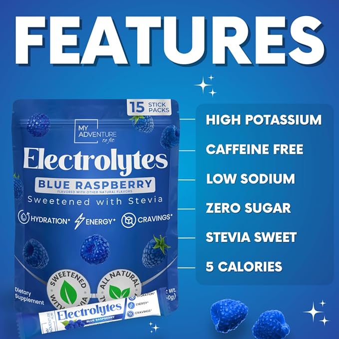 Zero Sugar - Blue Raspberry Electrolytes Powder - Refreshing Hydration - Caffeine Free Energy - All Natural Ingredients - Vegan, Keto and Paleo - Sugar Free Electrolyte Powder Drink Mix - 15 count