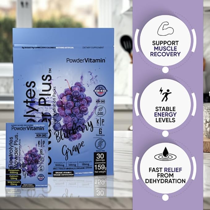 PowderVitamin Electrolytes Powder Plus, Keto, Blueberry Grape, Zero Sugar, 1000mg Potassium, 120mg Calcium, 120mg Magnesium, Non-GMO, Zero Calories, 30 Hydration Packets