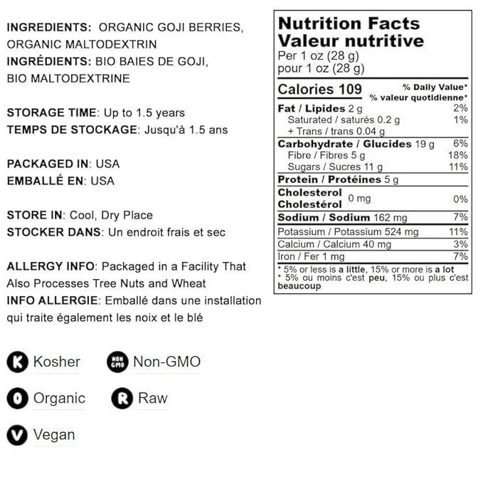 Organic Goji Berry Powder, 12 Pounds – Non-GMO, Kosher, Raw, Vegan, Bulk, Contains Maltodextrin