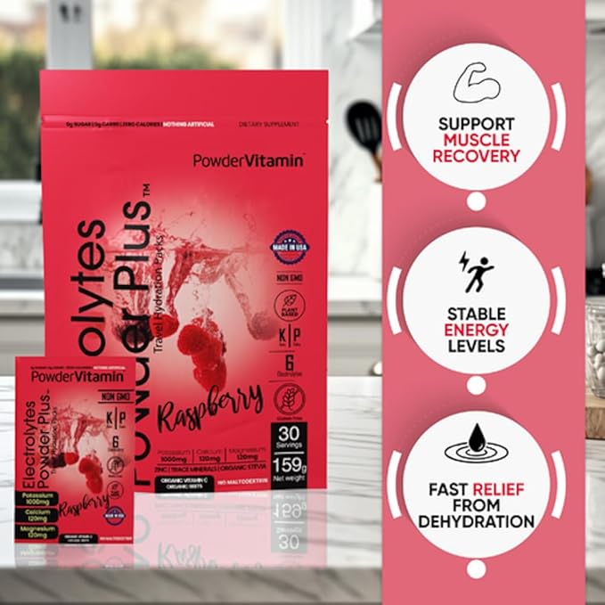 PowerVitamin Electrolytes Powder Packets - Raspberry - Keto Electrolytes for Daily Energy - Hydration Powder with 1000mg Potassium, 120mg Magnesium, Zero Calories - 30 Hydration Packets