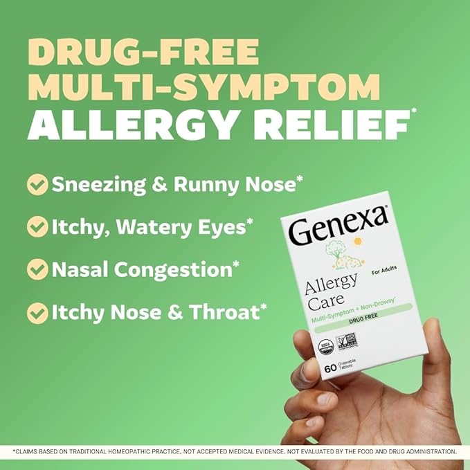 Genexa Allergy Care | Drug Free, Non-Drowsy Allergy & Decongestant Remedy for Adults | Vegan & Non-GMO | Homeopathic Allergy Relief Made Clean | Organic Acai Berry Flavor | 60 Chewable Tablets