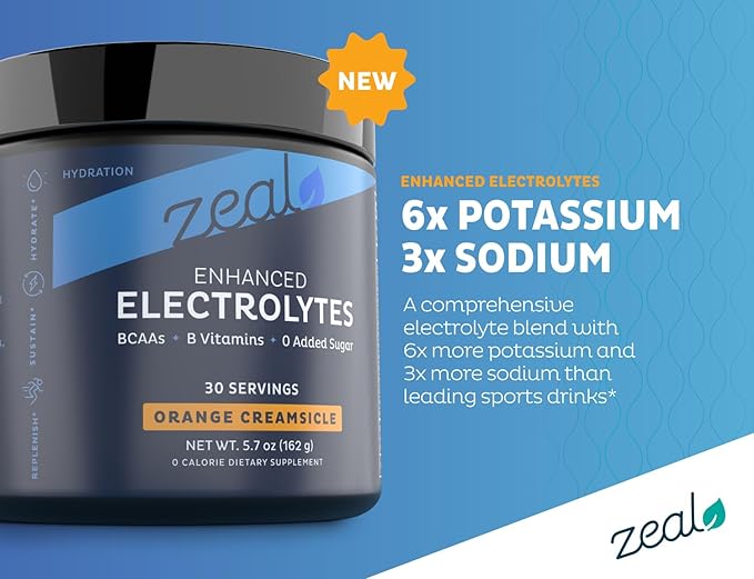 Zeal Electrolyte Powder - 90 Servings | Keto Electrolytes Powder | Zero Sugar, BCAAs, B-Vitamins | Potassium, Zinc, Magnesium | Hydration Powder Recovery Drink | Orange Creamsicle