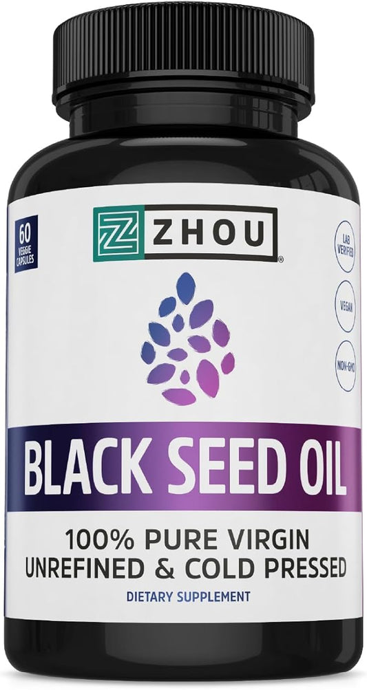 Zhou Black Seed Oil Capsules - Black Cumin Seed Oil Cold Pressed, Nigella Sativa, Pure Unrefined Blackseed, Premium Supplement for Health, Hair & Skin w/ Thymoquinone - 60 Capsules (Pack of 1)