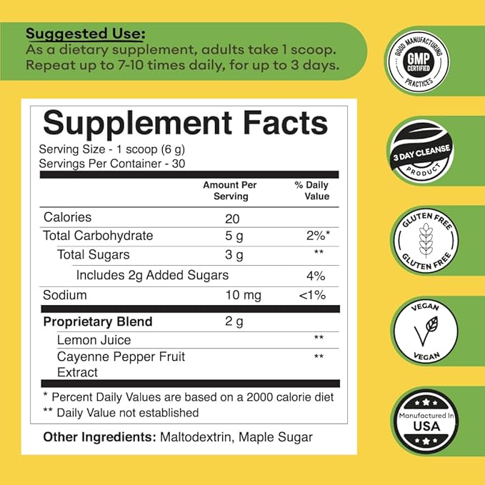 Grass Root Naturals Master Cleanse Detox Powder- Lemonade Detox 3-Day Plant-Based Supplement with Lemon, Maple Syrup, and Cayenne Diet, 6.34oz Container