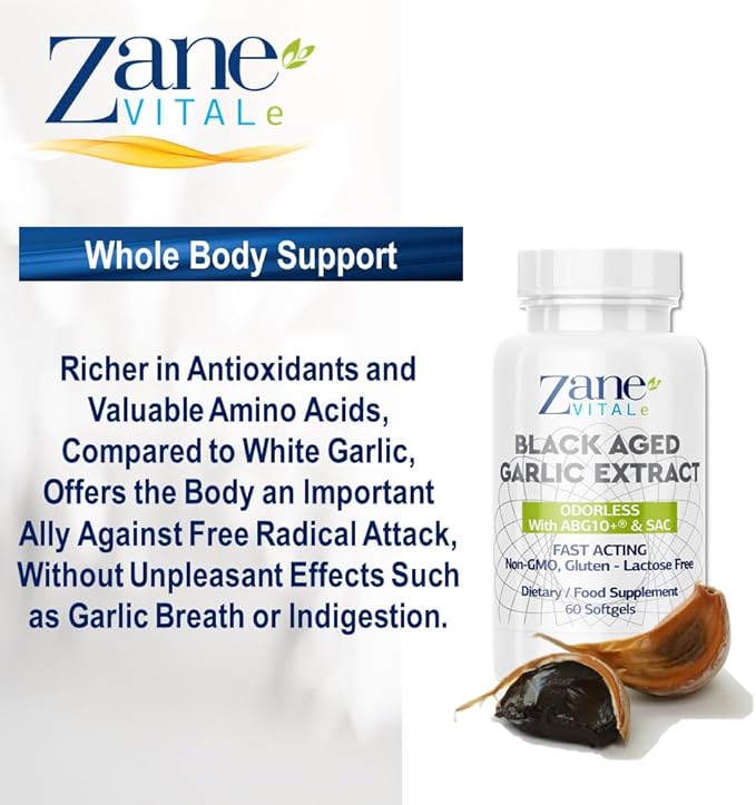 Zane - Aged Black Garlic Capsules - Immune System, Blood Pressure and Cholesterol Health Support - Less Odor - More Effective Than Allicin - 60 Capsules Non-GMO, Gluten - Lactose – Paraben Free.