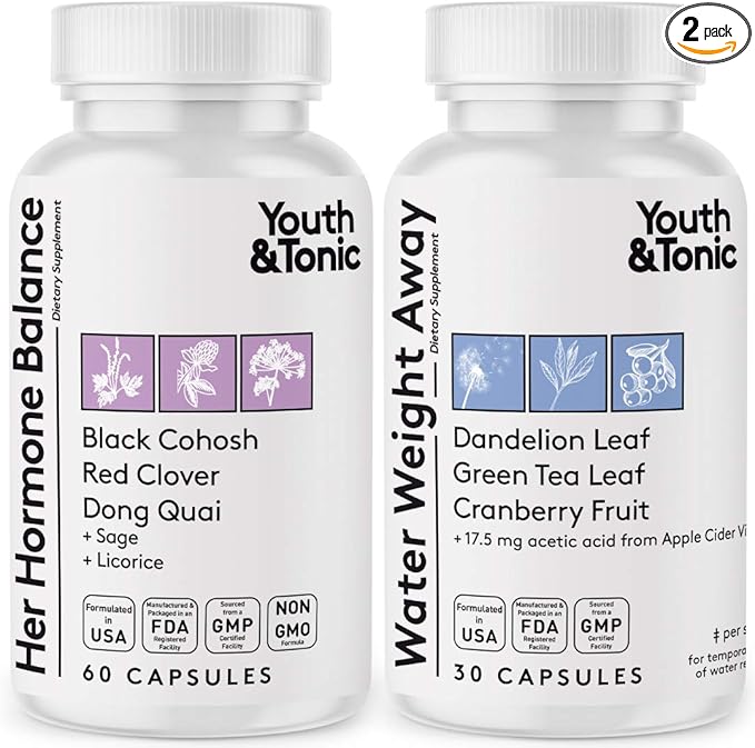 Youth & Tonic Water Retention Pills for Women and Hormone Balance Capsules for Swelling & Loss of Water and to Maintain Healthy Female Hormonal Level | 30 + 60 Capsules