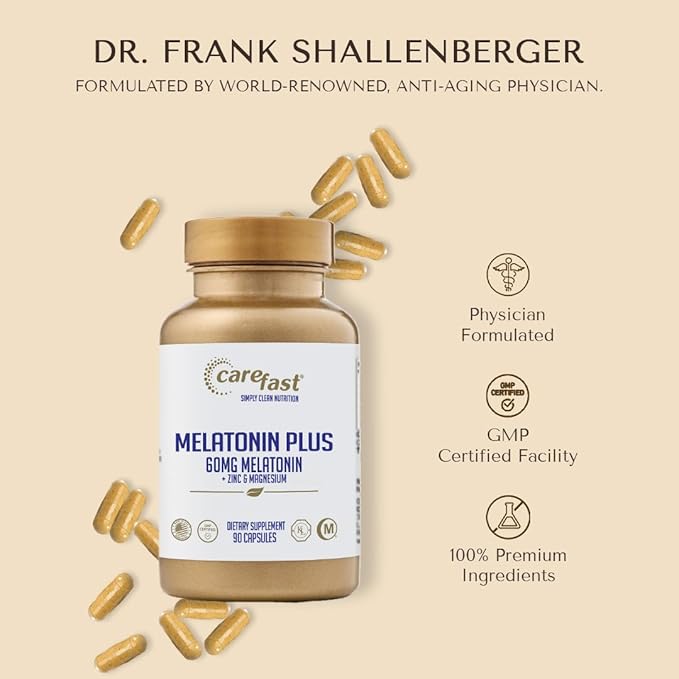 60mg Melatonin Plus Extra Strength High Dose Sleep Supplement 90 Capsules - Veggie Capsules - Fast Acting Formulated by Dr Shallenberger with Zinc & Magnesium for Maximum Quick Absorption
