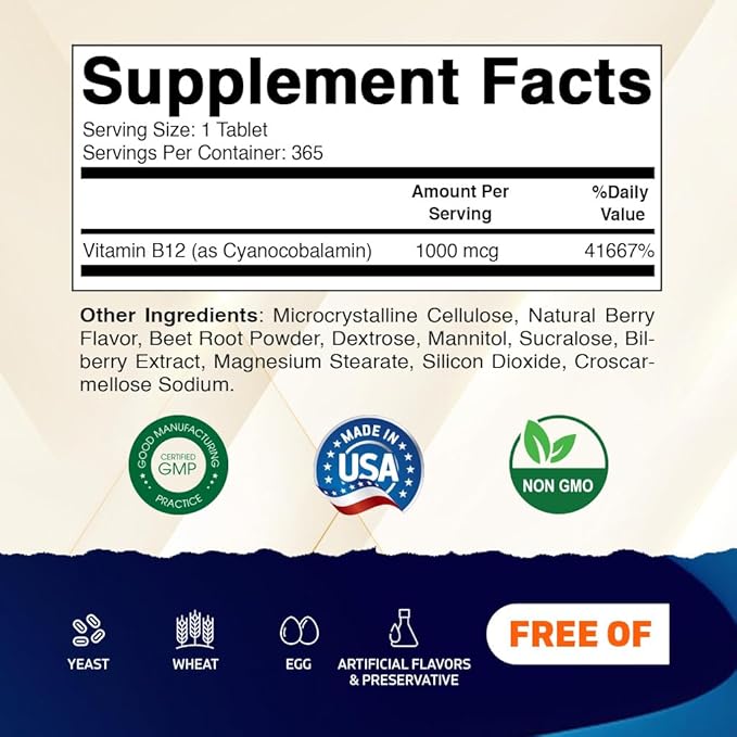 Vitamatic Vitamin B12 1000 mcg Fast Dissolve – 365 Tablets – Natural Berry Flavor – Supports Energy Metabolism & Nervous System Health