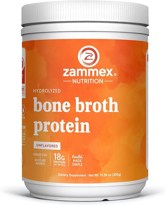 Zammex 100% Grass-Fed Beef Bone Broth Protein Powder, 20G Protein, Hydrolyzed Collagen Peptides Type 1&3, Supports Healthy Skin, Nails, Hair, Joints, Non-GMO, Gluten Free, Paleo & Keto Friendly