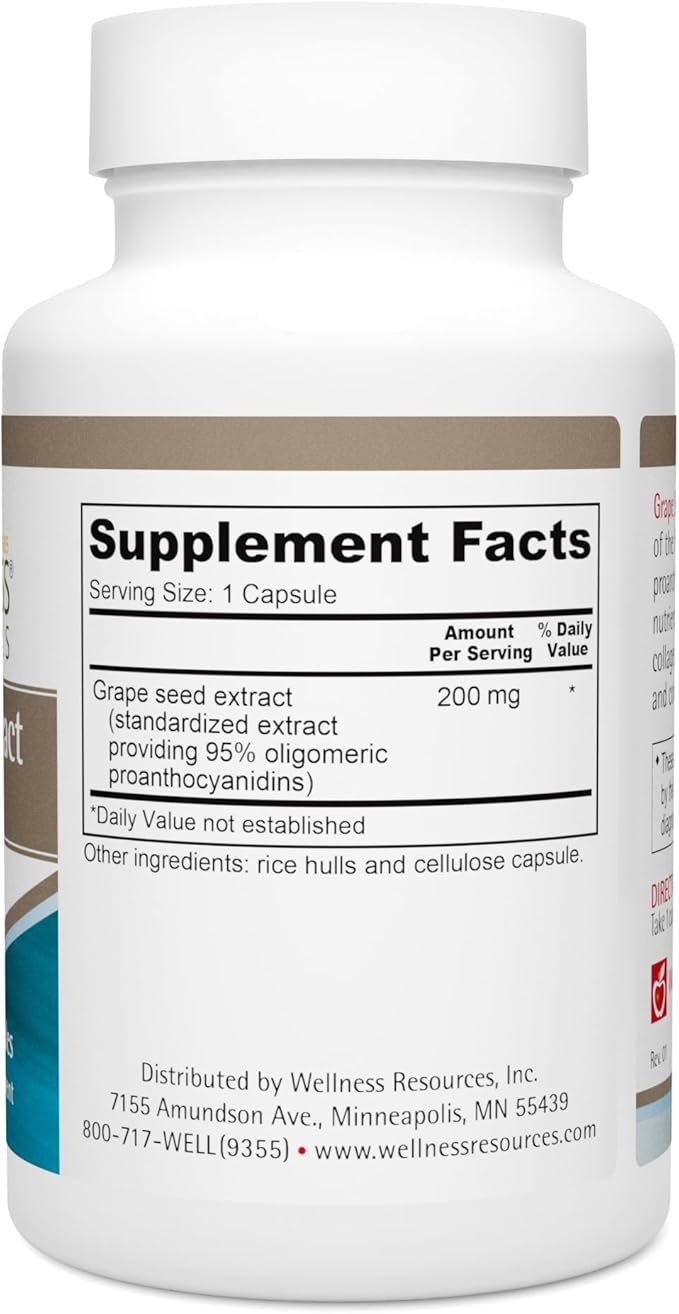 Wellness Resources Grape Seed Extract Supplement, Highest Potency 95% OPC, Supports Skin and Tissue Health, Vein Health, and Immunity (100 Capsules, 200mg per Capsule)