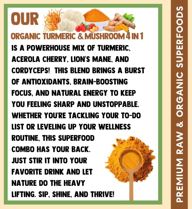 Cherie Sweet Heart Turmeric & Mushroom 4-in-1 | All-Natural, Plant-Based Powdered Drink Mix | Immunity & Wellbeing | Organic, Non-GMO, Vegan, Gluten-Free | No Sugar Added | 8 oz Jar