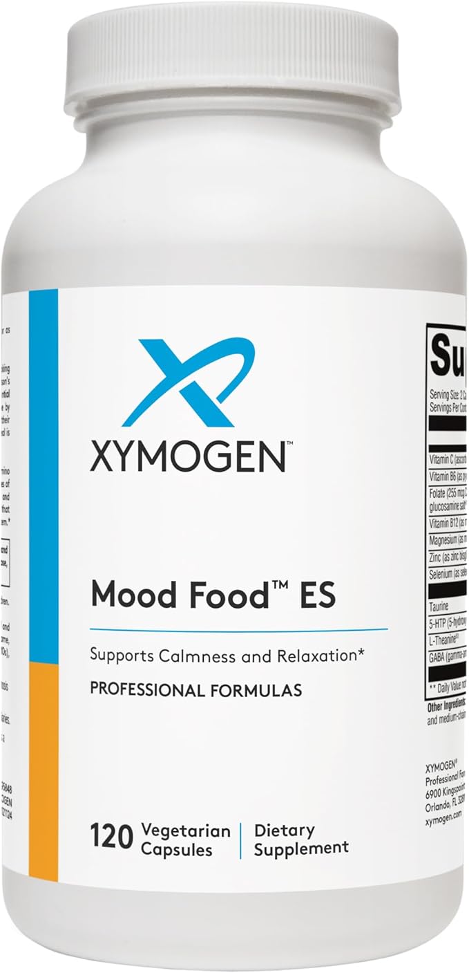 XYMOGEN Mood Food ES - Supports Calmness, Relaxation and a Healthy Mood with Active Folate, B Vitamins, 5-HTP, GABA, Minerals, Suntheanine L-Theanine, Selenium (120 Capsules)