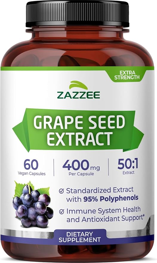 Zazzee High Strength Grape Seed 50:1 Extract, 60 Vegan Capsules, 95% Polyphenols, 400 mg per Capsule, 2 Month Supply, Standardized and Concentrated 50X Extract, Non-GMO, Made in The USA