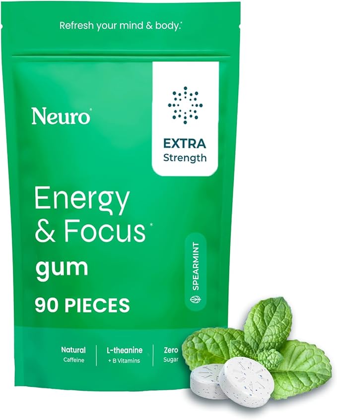 Neuro Energy & Focus Gum, Extra Strength - 100mg Natural Caffeine Gum & Nootropic Energy Supplement with L-Theanine & B Vitamins - Sugar Free, Vegan - Spearmint, 90ct