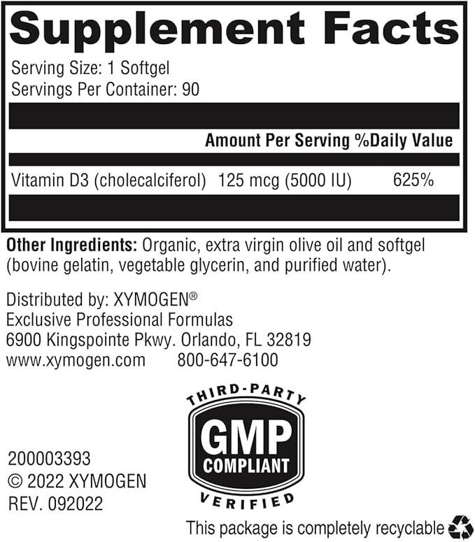 XYMOGEN D3 5000 - Bioavailable Vitamin D3 5000 IU (125 mcg) - High Potency Vitamin D Supplement to Support Immune Health, Bone + Heart Health (90 Gelatin Softgels)
