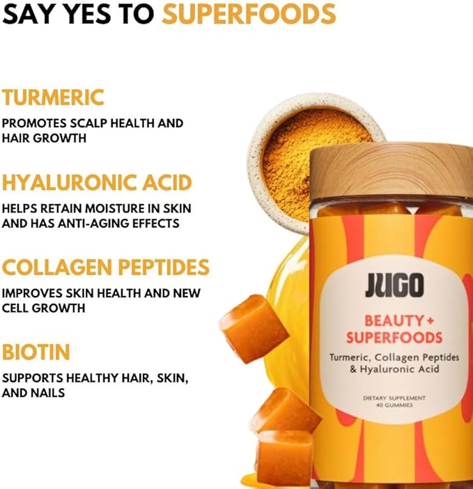 JUGO Beauty + SUPERFOODS | Hair Skin Nails Supplement with Hyaluronic Acid & Turmeric | 40 Count Plant-Based Gummies | Gelatin-Free, Non- GMO, Made in USA