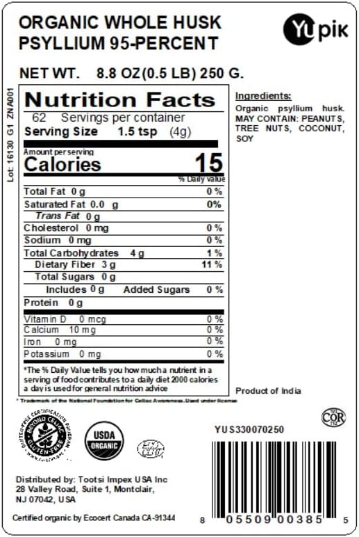 Yupik Organic Whole Husk Psyllium, 8.8 Oz, 95% Purity, USDA Certified, Non-GMO, Kosher, Gluten-Free, Sugar-Free & Fat-Free, Unflavored, Plant-Based, High Fiber Superfood for Oatmeal, Granola & Cereal