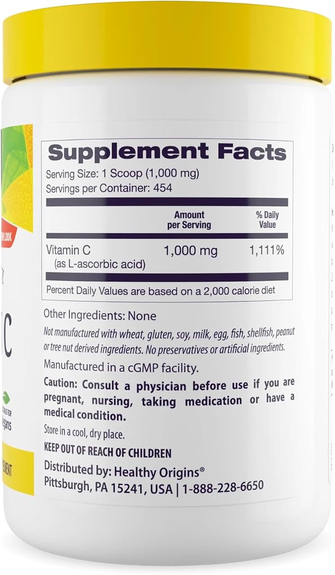 Healthy Origins Vitamin C Powder 1,000 mg (Non-GMO Tested, High Potency, Immune Support, Vegan) 16 Oz