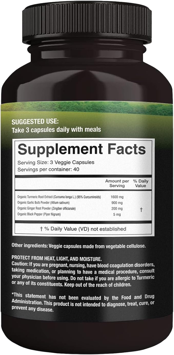 100% Raw and Organic Turmeric Curcumin Capsules. Certified Organic, Gluten-Free, Non-GMO, and Caffeine-Free. Enhanced with Garlic, Ginger and Black Pepper, 500mg, 120 Vegan Capsules