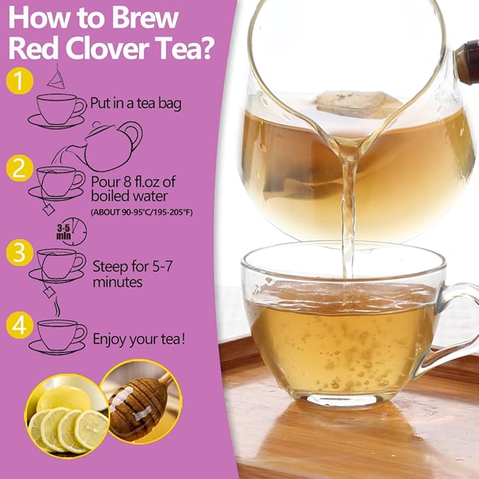 60 Premium Red Clover Tea Bags, Made with 100% Natural Red Clover Flowers & Herb, Rich in Antioxidants & Supports Wellness, No Additives & Caffeine Free.