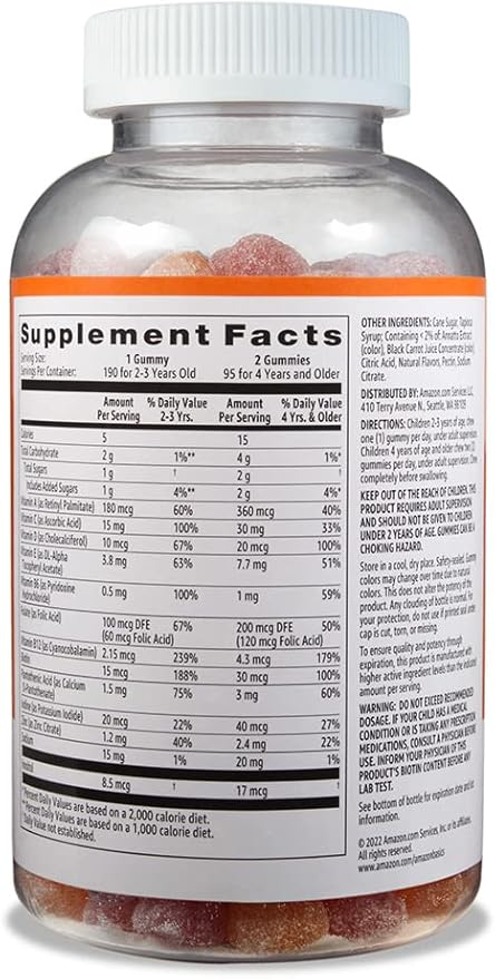 Amazon Basics Kids' Multivitamin, 190 Gummies, Orange, Cherry & Strawberry (Previously Solimo)