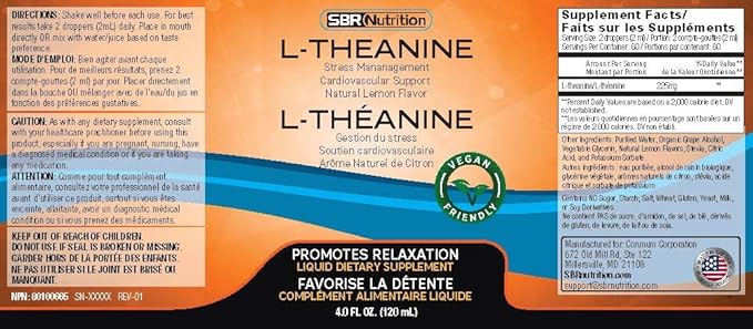SBR Nutrition Liquid L-Theanine Drops | All Natural, Vegan, Alcohol Free, Non-GMO | for Sleep Aid, Calm, Relaxation, Focus Without Drowsiness | Synergistic with Coffee or Caffeine
