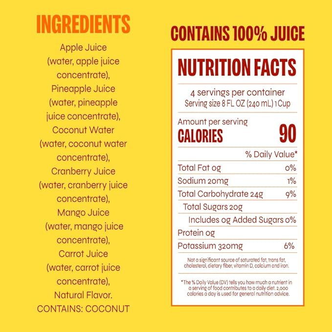 Revl Fruits™ 100% Juice, No Added Sugar, Pineapple Mango, Truly Tropical, 32 fl oz. Carton (Pack of 6)