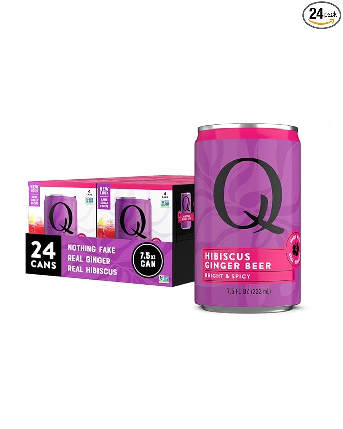 Q HIBISCUS GINGER BEER with Real Ginger, Hibiscus, & Organic Agave - Cocktails & Mocktails - Real Ingredients, Perfectly Carbonated & Less Sweet - 80 Calories per Can - 7.5 Fl Oz Cans (Pack of 24)