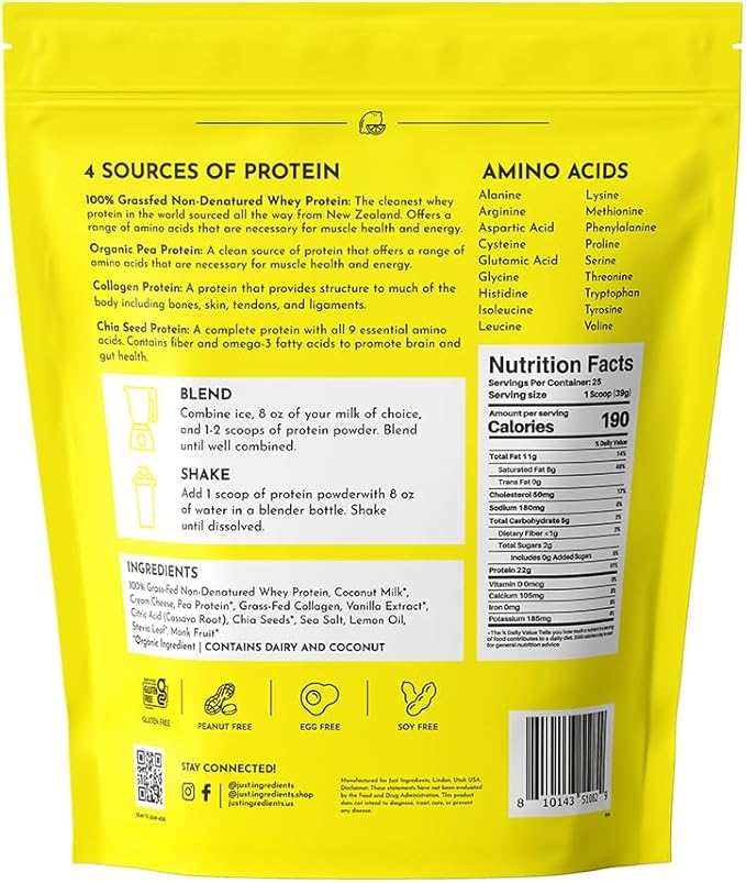 JUST INGREDIENTS Lemon Swish Protein Powder - Grass-Fed Whey, Lemon Flavor - 1.44 lb,