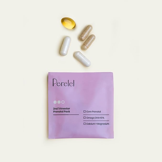 Perelel 2nd Trimester Prenatal Pack, Multivitamin with Magnesium, Omega 3, Iron & Calcium, Nutritional Support for Second Trimester Wellness, Soy & Gluten Free, Non GMO, 30 Daily Pill Packs