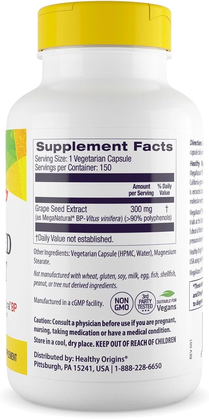 Healthy Origins Grape Seed Extract 300 mg (MegaNatural BP, Non-GMO, California-Grown, Gluten Free, Supports Healthy Blood Pressure), 150 Veggie Caps