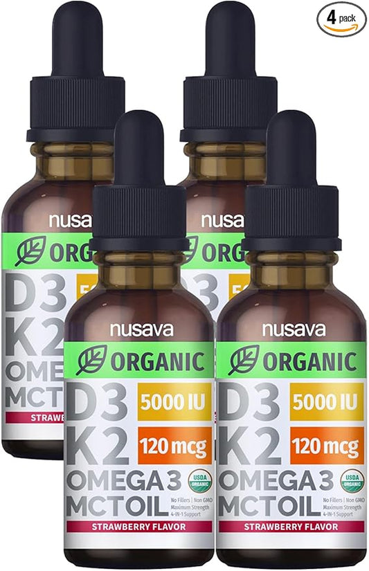 (4 Pack) Organic Vitamin D3 K2 Drops with MCT Oil Omega 3, 5000 IU - Maximum Strength Vitamin D Liquid, No Fillers, Non-GMO Liquid D3 for Faster Absorption and Immune Support (Strawberry, 4 Fl Oz)