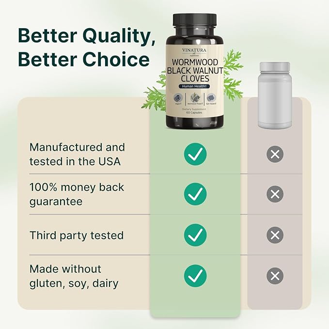 VINATURA Wormwood Black Walnut Clove Capsules - Cleanse, Detox, Intestinal Guard Formula Supplement for Humans, with Wormwood herb, Black Walnut Extract Combination, 60 Capsules