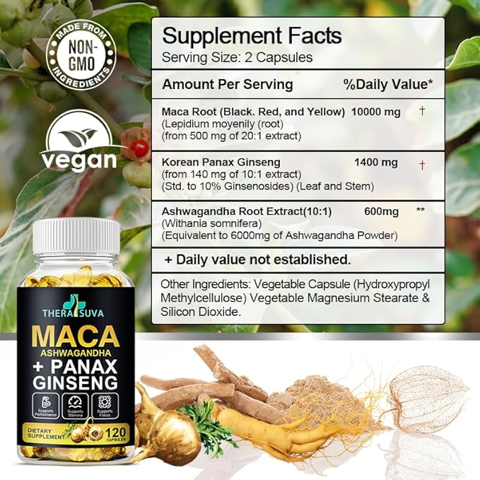 3 in 1 Ashwagandha + Maca Root + Panax Ginseng - Natural Supplement for Energy, Stamina, and Stress Support, 120 Softgels