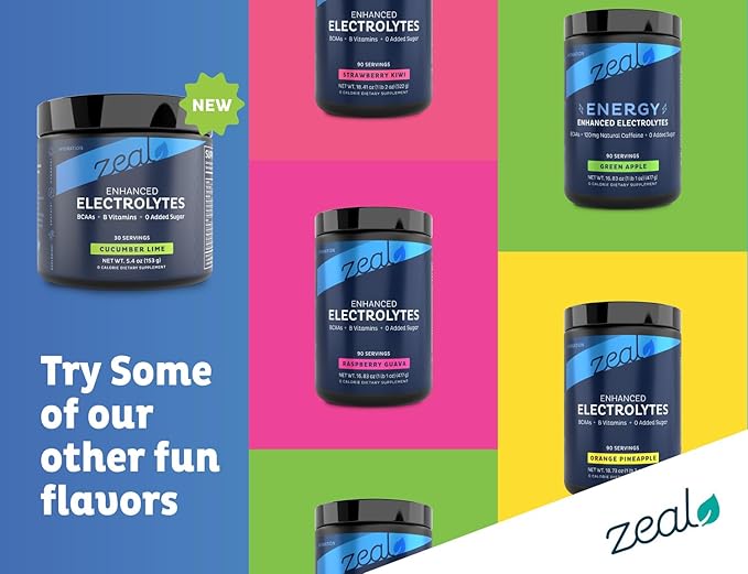 Zeal Electrolyte Powder - 90 Servings | Keto Electrolytes Powder | Zero Sugar, BCAAs, B-Vitamins | Potassium, Zinc, Magnesium | Hydration Powder Recovery Drink | Cucumber Lime