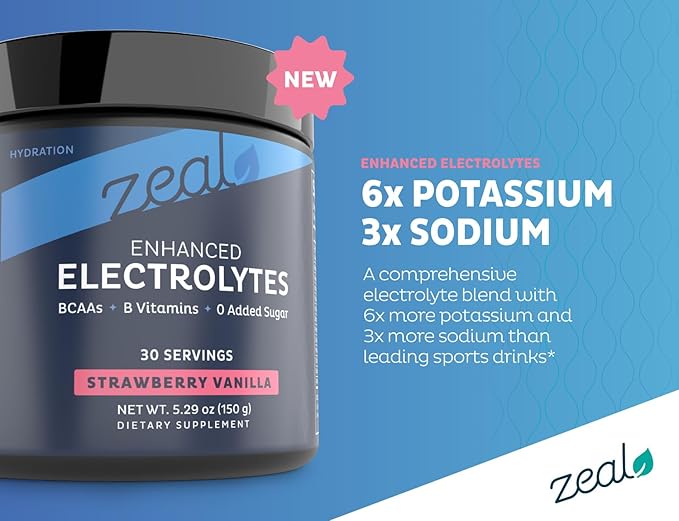 Zeal Electrolyte Powder - 90 Servings | Keto Electrolytes Powder | Zero Sugar, BCAAs, B-Vitamins | Potassium, Zinc, Magnesium | Hydration Powder Recovery Drink | Strawberry Vanilla