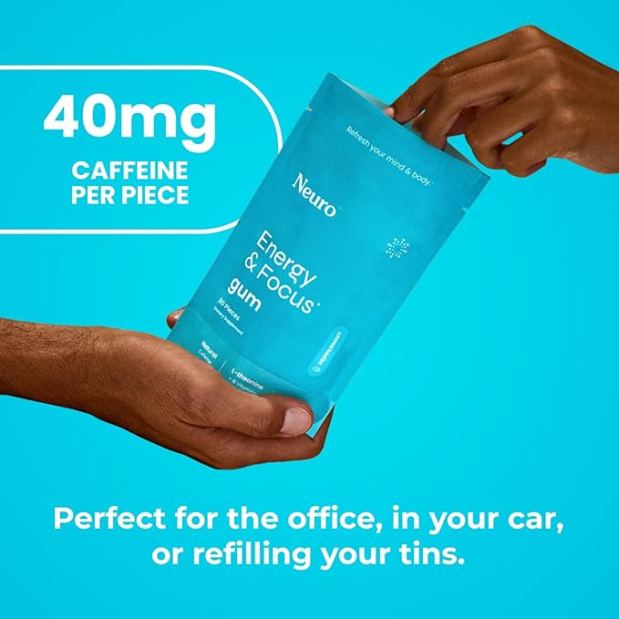 Neuro Energy & Focus Gum - 40mg Natural Caffeine Gum & Nootropic Energy Supplement with L-Theanine & B Vitamins - Sugar Free, Vegan - Peppermint, 90ct