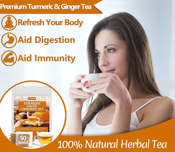 50 Premium Turmeric, Ginger, Cinnamon Blend Tea Bags, 100% Natural & No Additives & Caffeine Free.