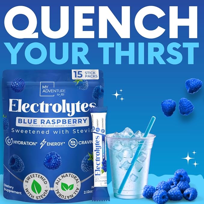 Zero Sugar - Blue Raspberry Electrolytes Powder - Refreshing Hydration - Caffeine Free Energy - All Natural Ingredients - Vegan, Keto and Paleo - Sugar Free Electrolyte Powder Drink Mix - 15 count