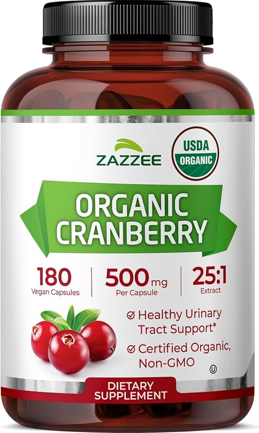 Zazzee USDA Organic Cranberry 25:1 Extract, 500 mg per Capsule, 180 Vegan Capsules, 6 Month Supply, Standardized, Concentrated 25X Extract, 100% Vegetarian, Certified Organic, Non-GMO All-Natural