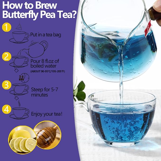 50 Premium Butterfly Pea Flower Tea Bags, Made with 100% Natural Butterfly Pea Flowers, No Additives & Caffeine Free.