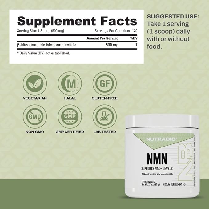 NutraBio NMN - NAD Supplement, Longevity Support, Boost NAD Levels, Increase Cellular Energy, Brain Health, Healthy Aging- 120 Servings